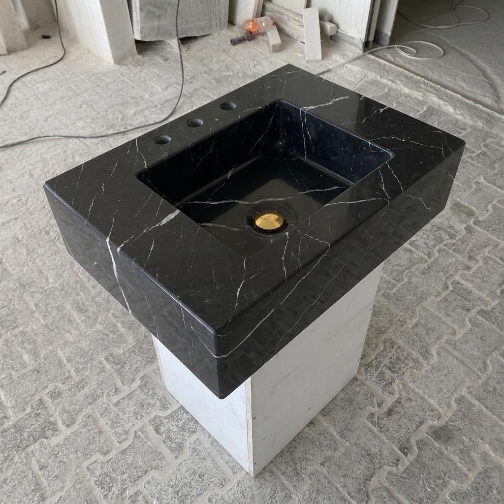 Nero Marquina Marble square vessel sink — high-angle view (photo 13)