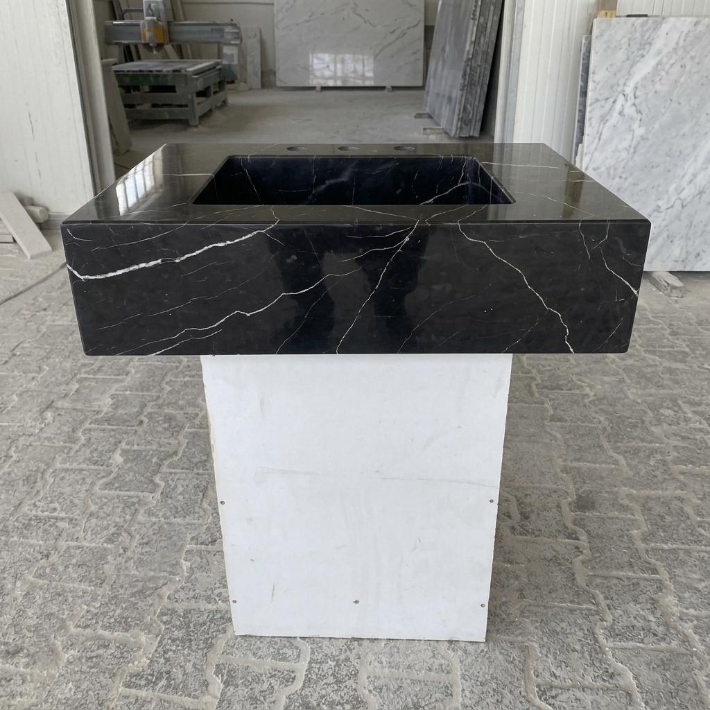 Nero Marquina Marble square vessel sink — front view (photo 14)