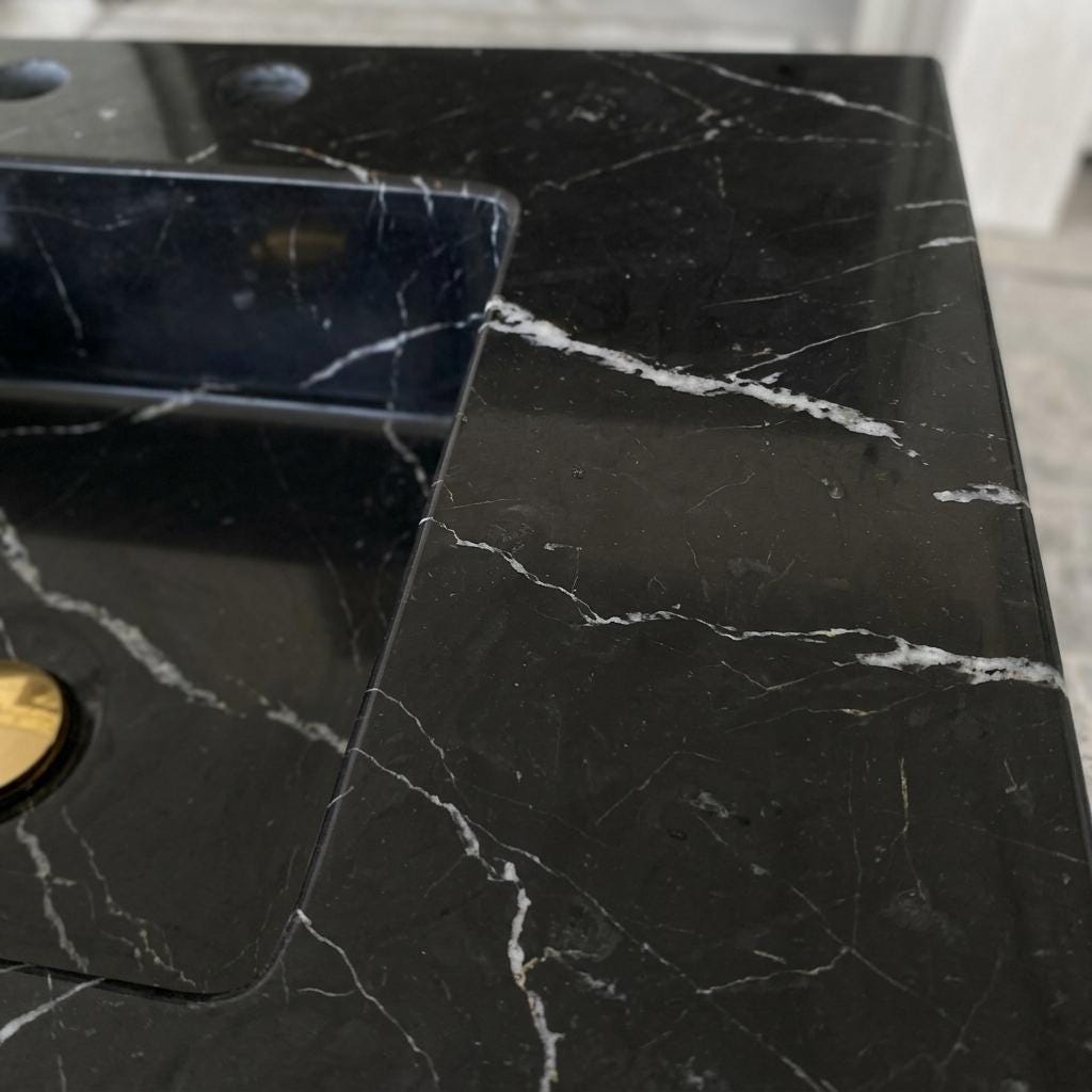 Nero Marquina Marble square vessel sink — close-up of marble veining (photo 16)
