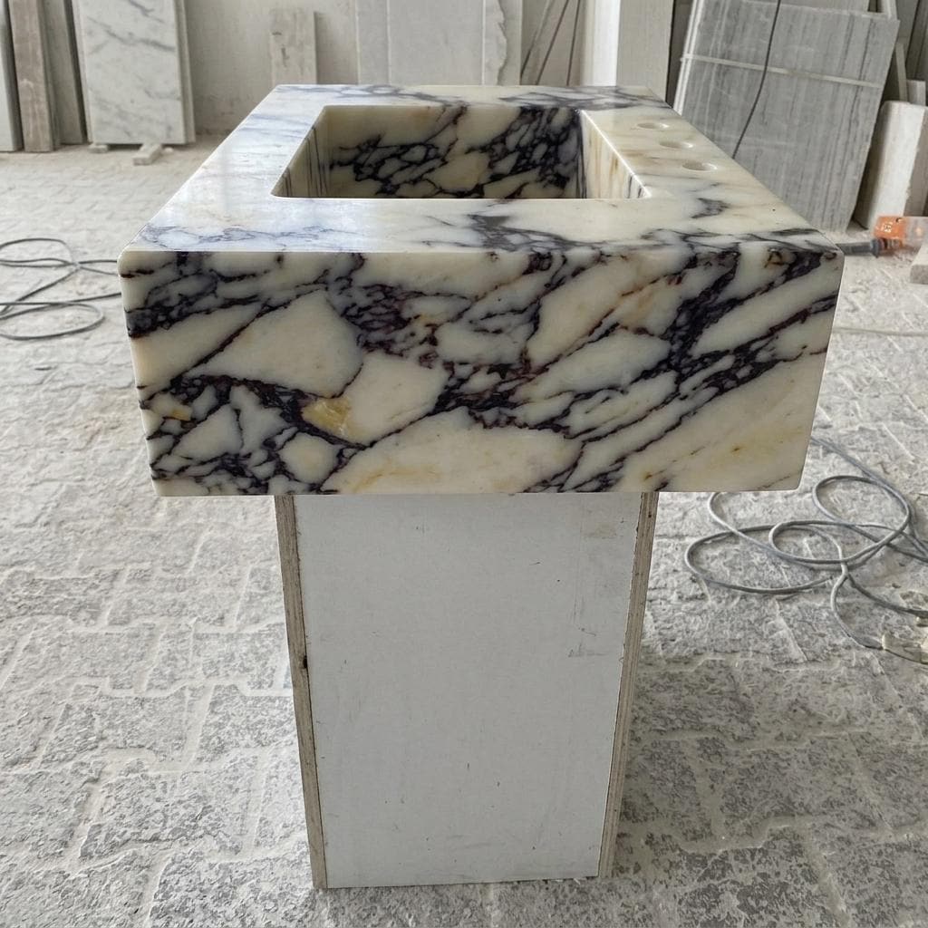 Calacatta Viola Marble square vessel sink — left side view (photo 2)