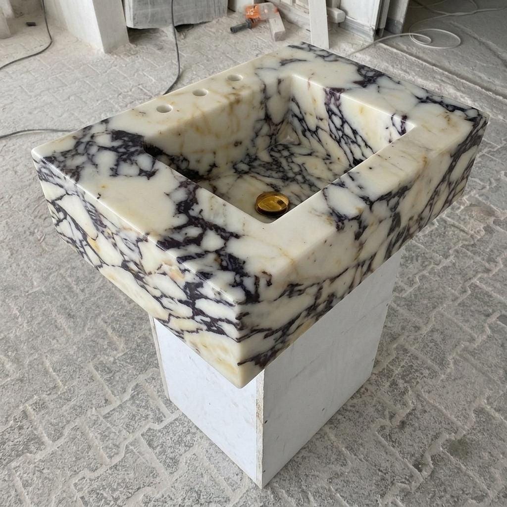 Calacatta Viola Marble square vessel sink — isometric three-quarter view (photo 5)