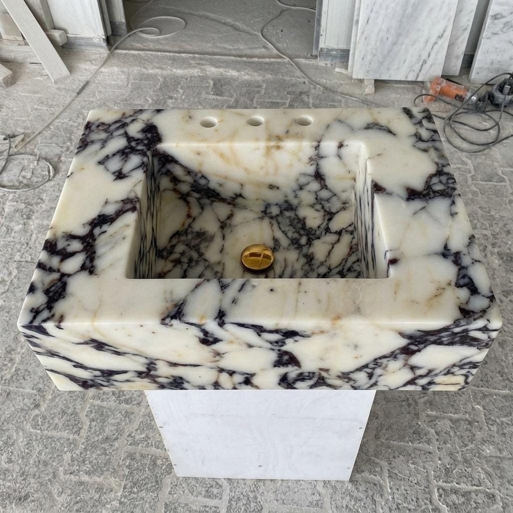 Calacatta Viola Marble square vessel sink — front view (photo 9)