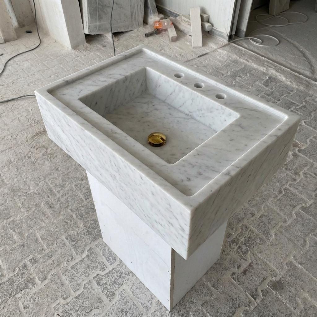 Carrara White Marble wall mount sink — isometric three-quarter view (photo 7)