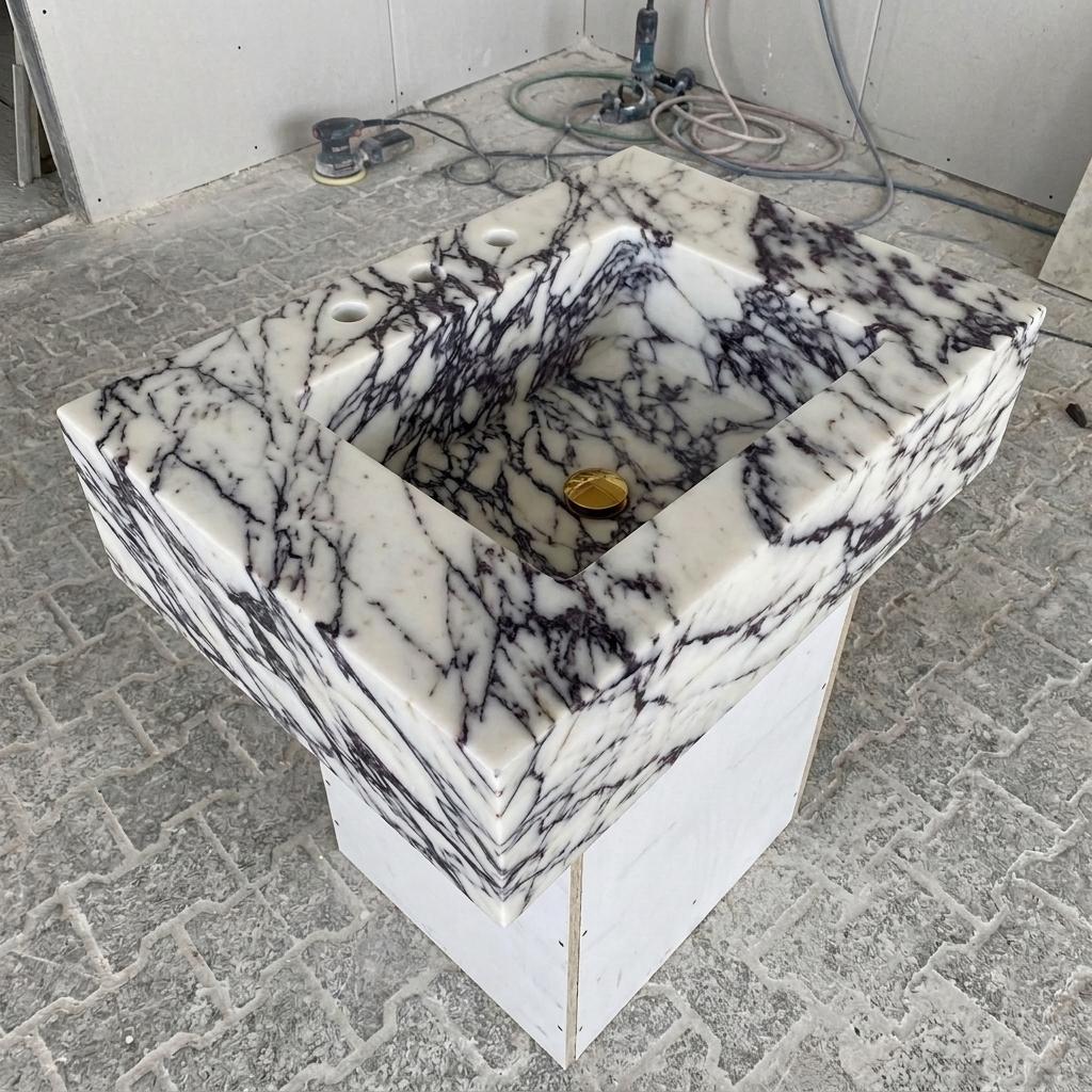Calacatta Viola Marble wall mount sink — isometric three-quarter view (photo 9)