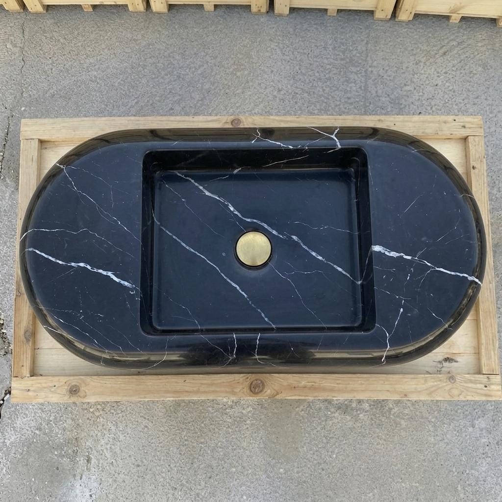 Nero Marquina Marble round vessel sink — top-down view (photo 6)