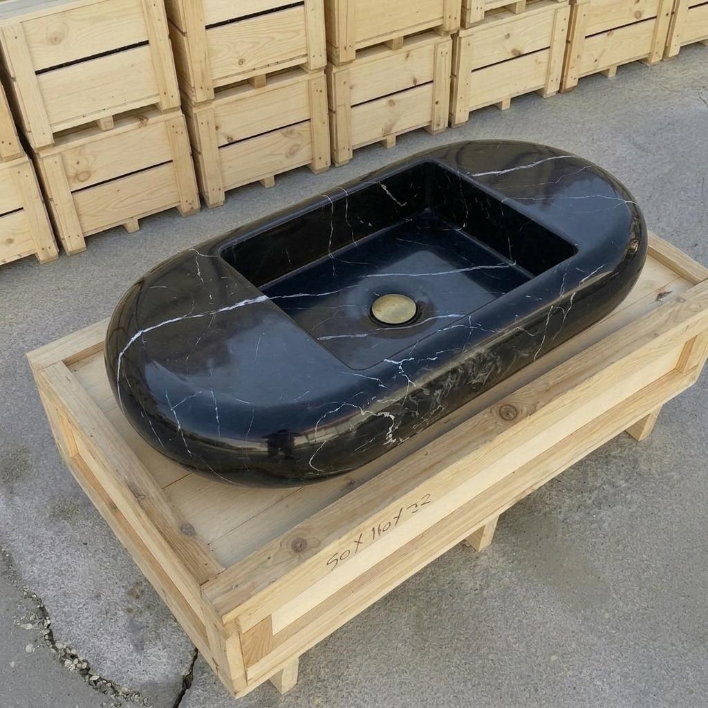 Nero Marquina Marble round vessel sink — isometric three-quarter view (photo 9)