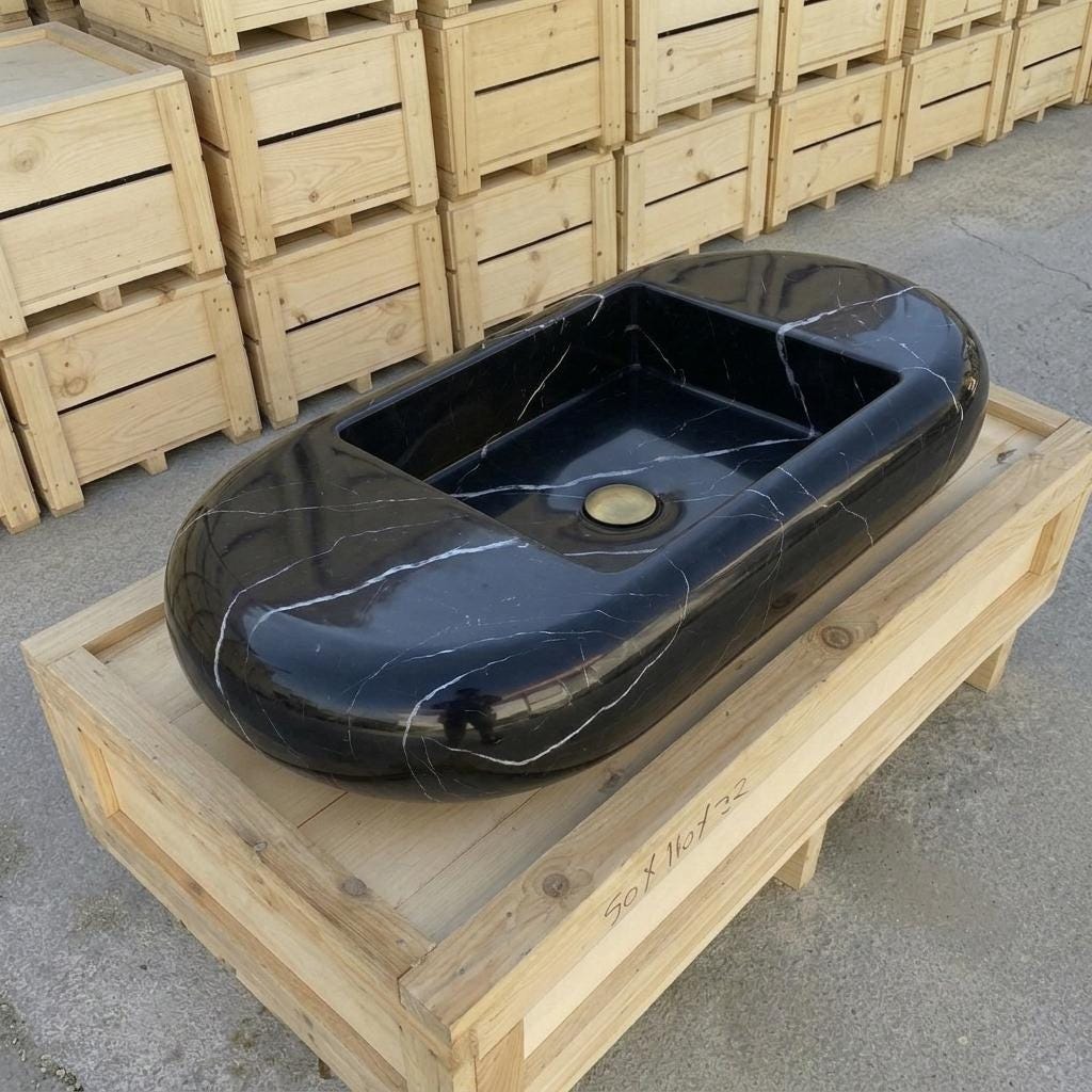 Nero Marquina Marble round vessel sink — isometric three-quarter view (photo 11)