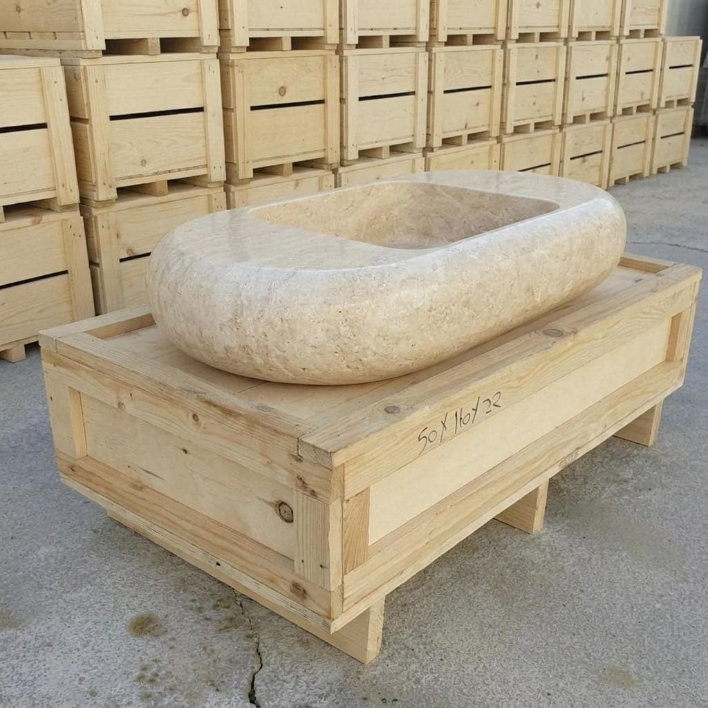 Beige Travertine fluted vessel sink — left side view (photo 4)
