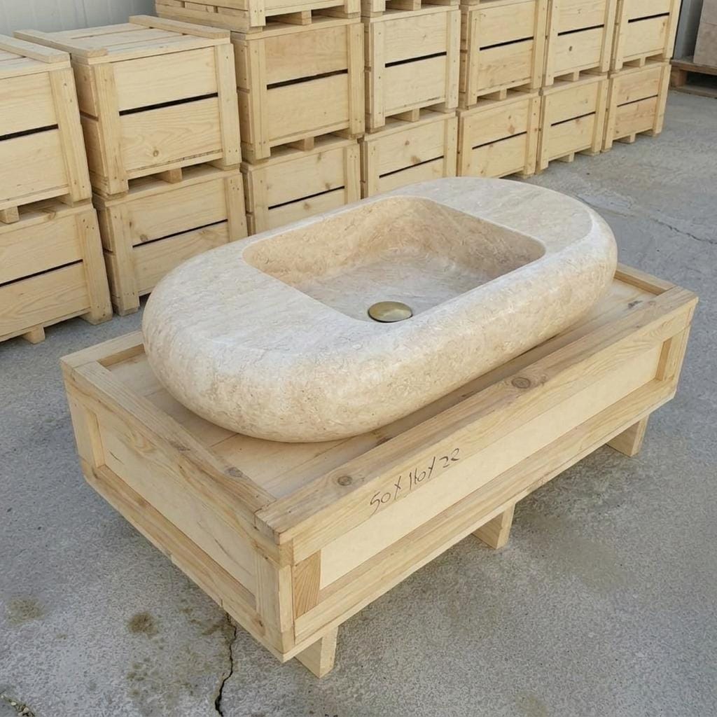 Beige Travertine fluted vessel sink — isometric three-quarter view (photo 10)