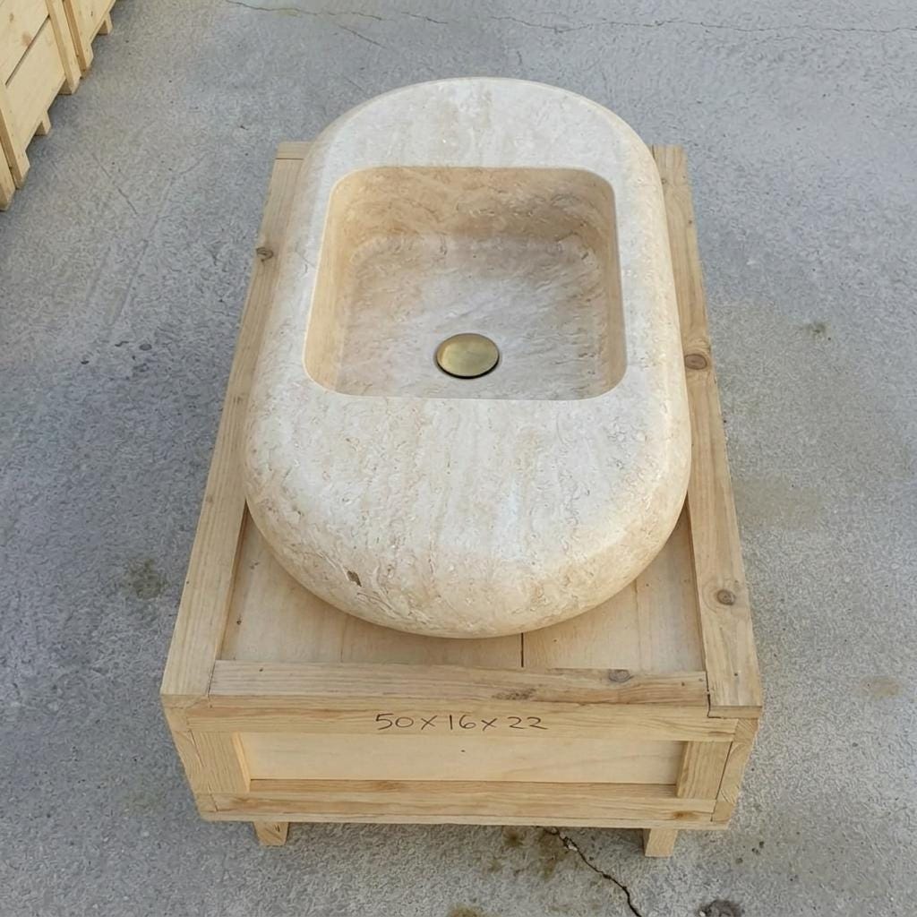 Beige Travertine fluted vessel sink — front view (photo 12)