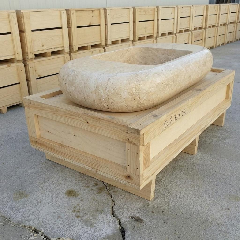 Beige Travertine fluted vessel sink — low-angle view (photo 15)