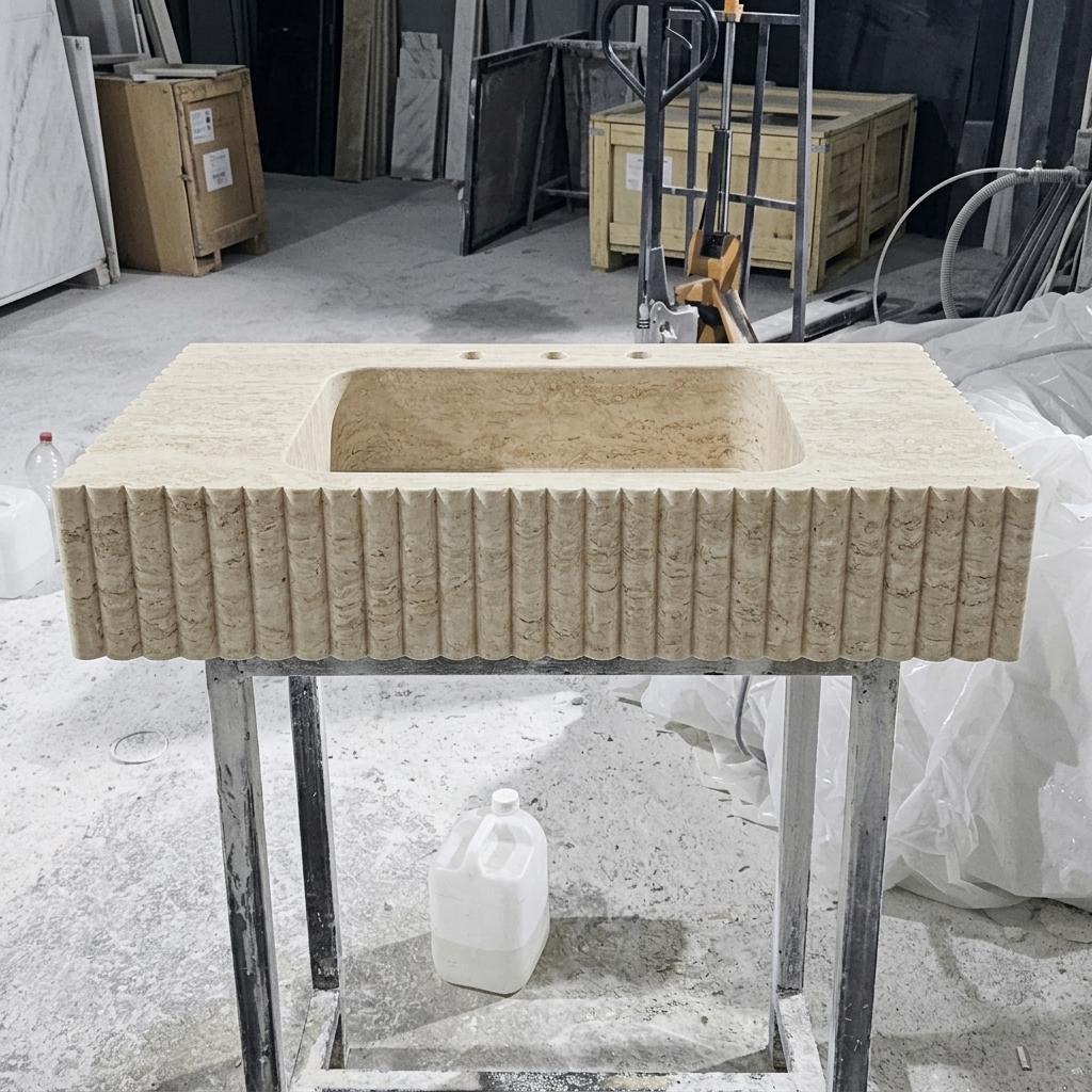 Beige Travertine square vessel sink — front view (photo 2)