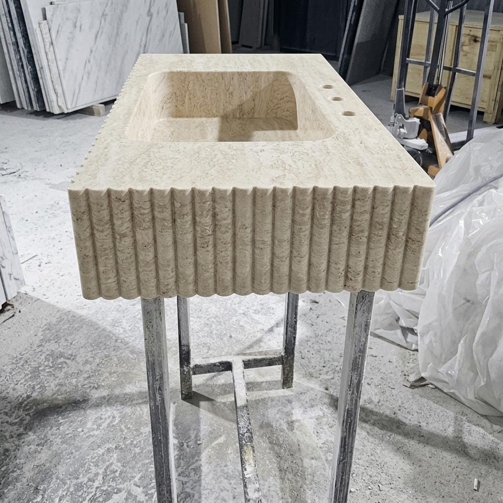 Beige Travertine square vessel sink — left side view (photo 4)