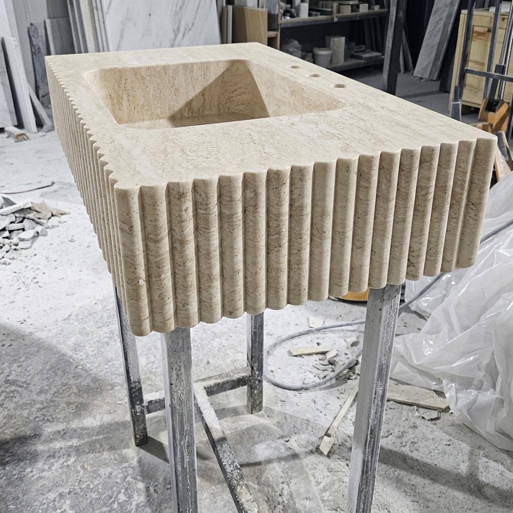 Beige Travertine square vessel sink — right side view (photo 5)