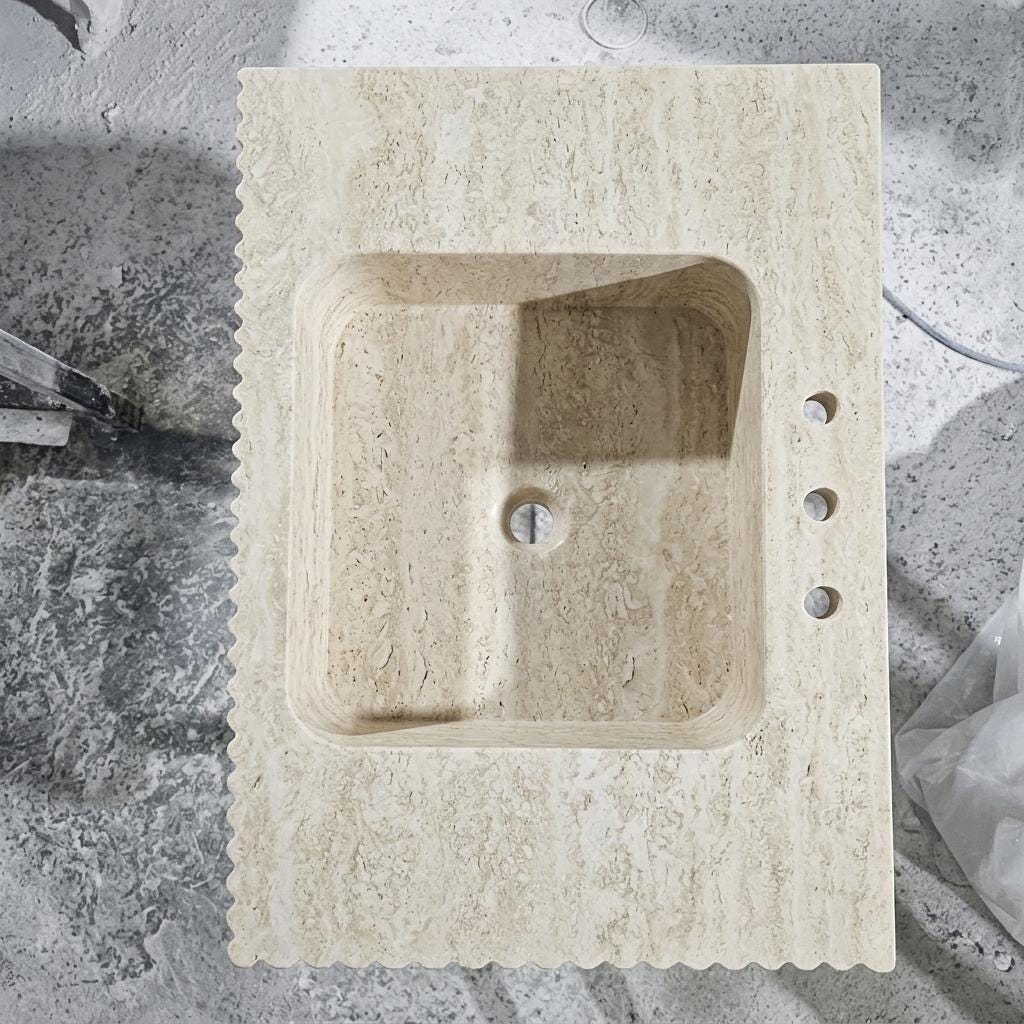 Beige Travertine square vessel sink — top-down view (photo 6)