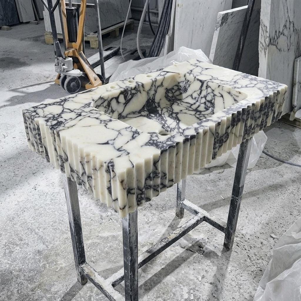 Calacatta Viola Marble wall mount sink — isometric three-quarter view (photo 11)