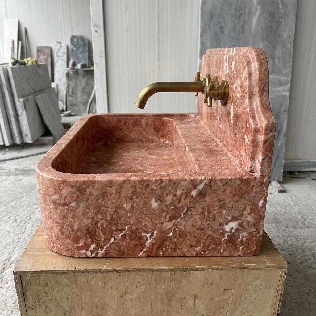 Red Travertine wall mount sink — right side view (photo 4)