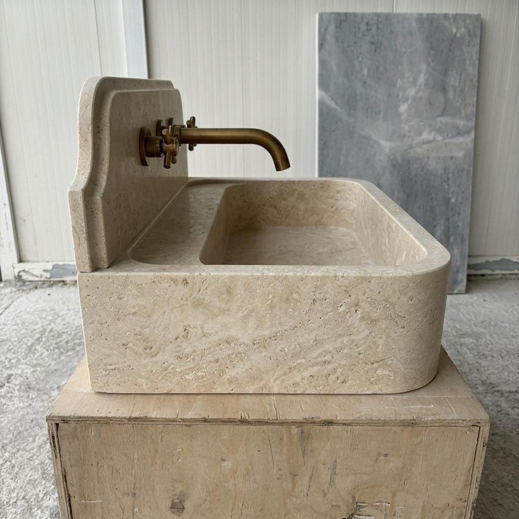 Beige Travertine wall mount sink — left side view (photo 4)