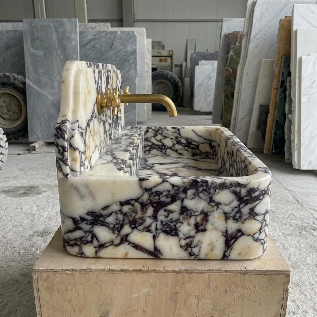 Calacatta Viola Marble square vessel sink — left side view (photo 4)