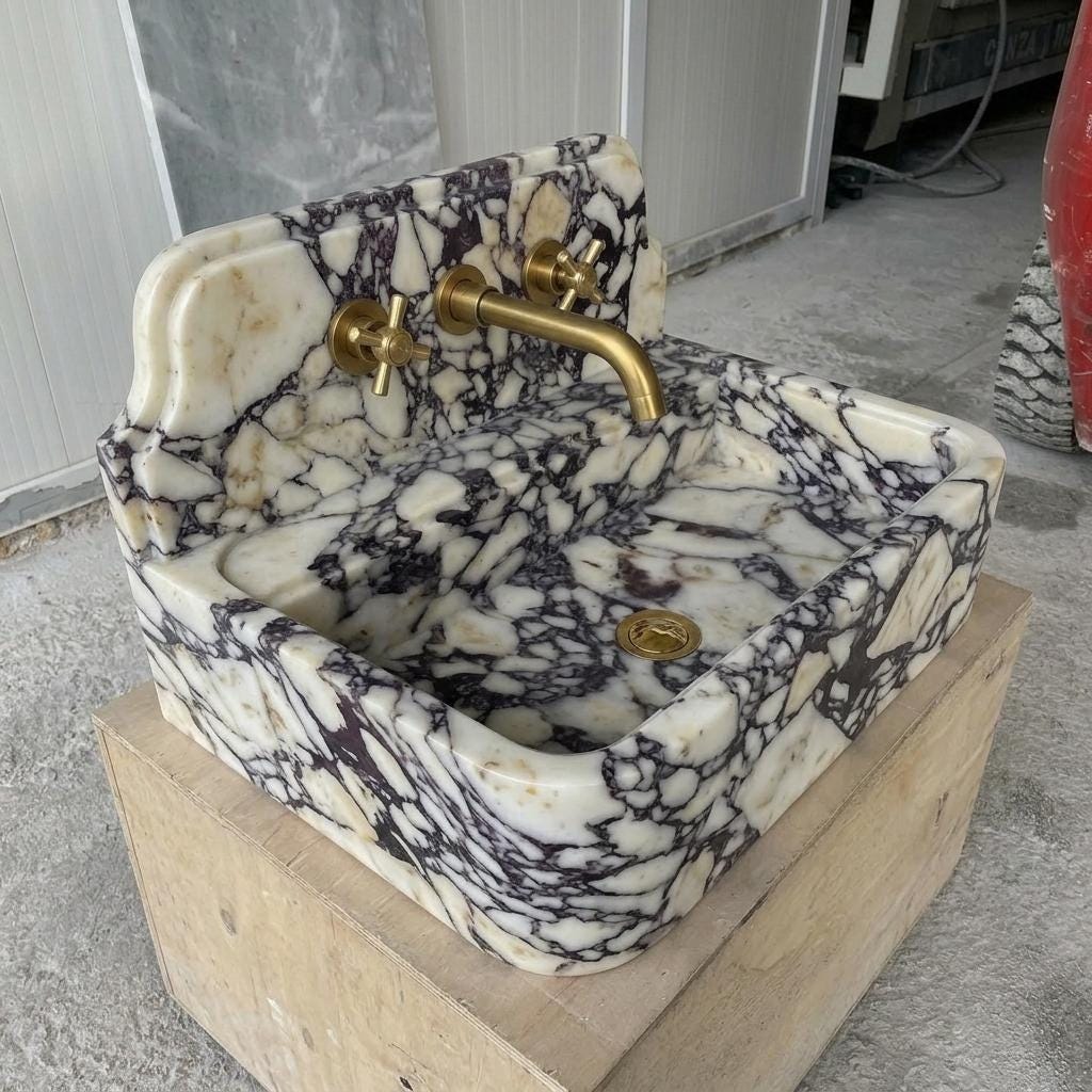 Calacatta Viola Marble square vessel sink — isometric three-quarter view (photo 8)