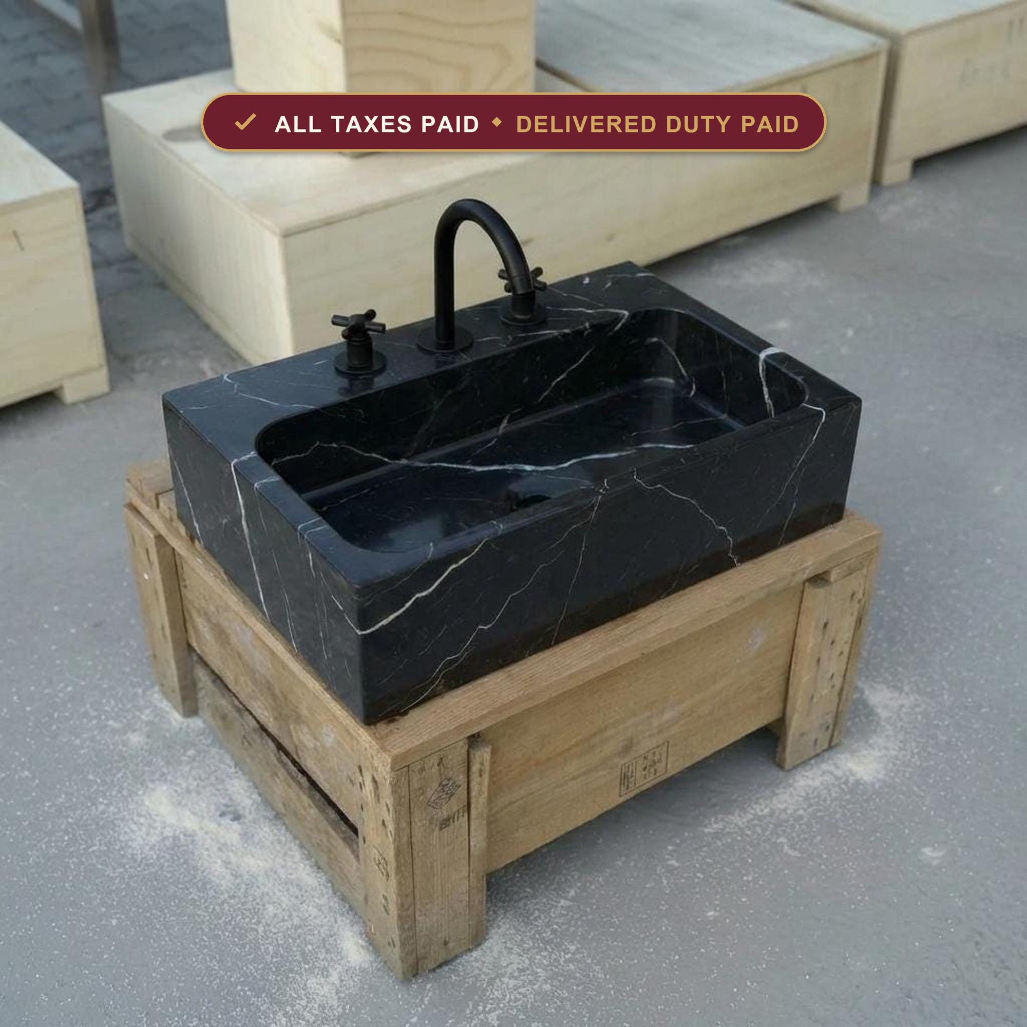 Handcarved Nero Marquina marble vessel sink by Marblyart, custom made to order — photo 1 of 17
