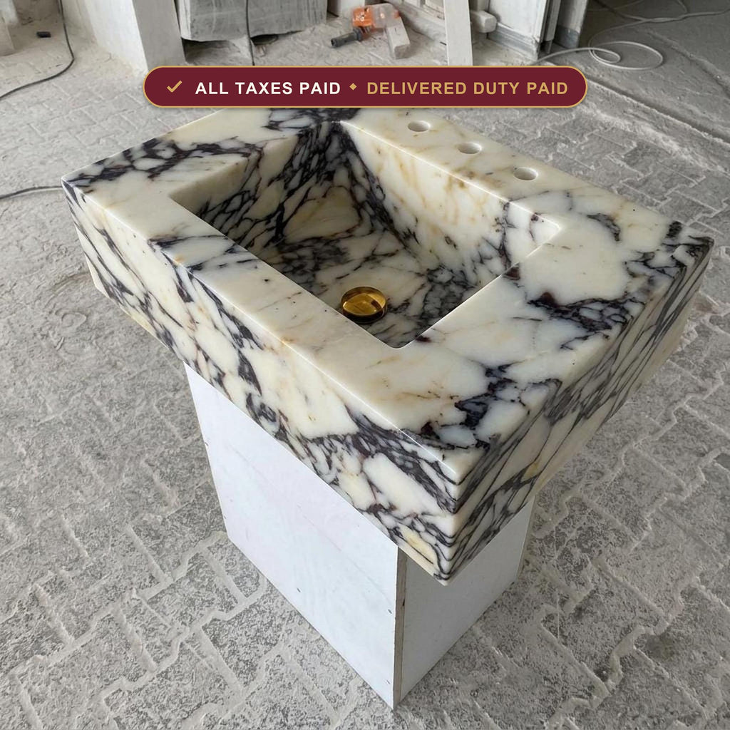 Handcarved Calacatta Viola marble square vessel sink by Marblyart, custom made to order — photo 1 of 13