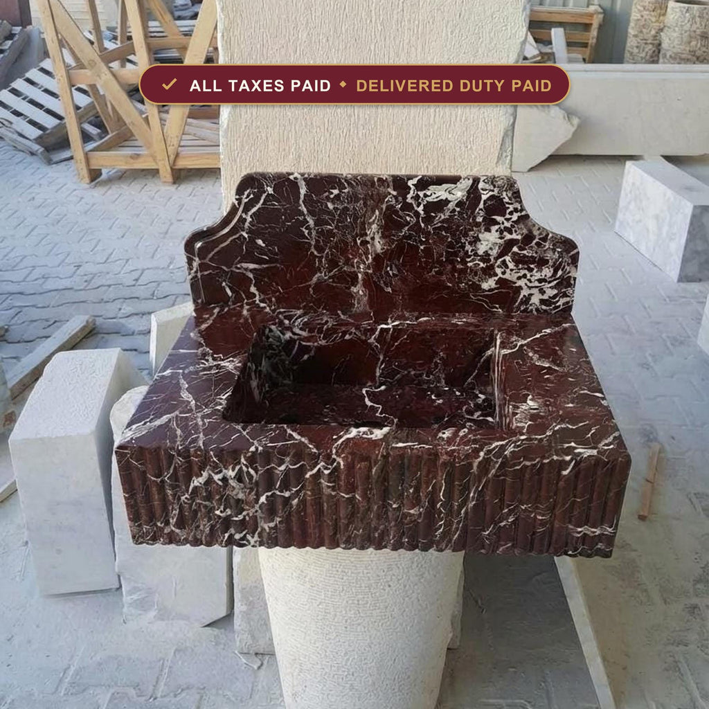 Handcarved Rosso Levanto marble wall mounted sink by Marblyart, custom made to order — photo 1 of 9