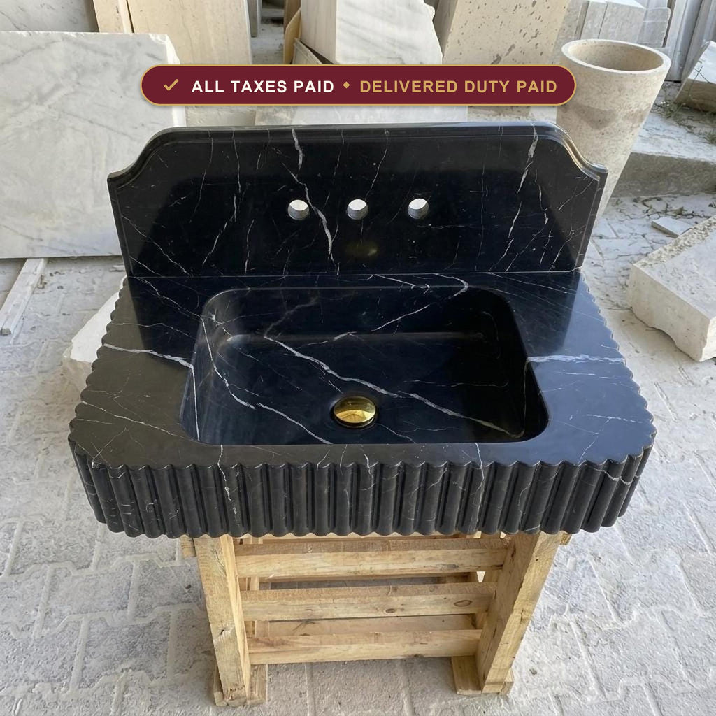 Handcarved Nero Marquina marble floating vanity sink by Marblyart, custom made to order — photo 1 of 14