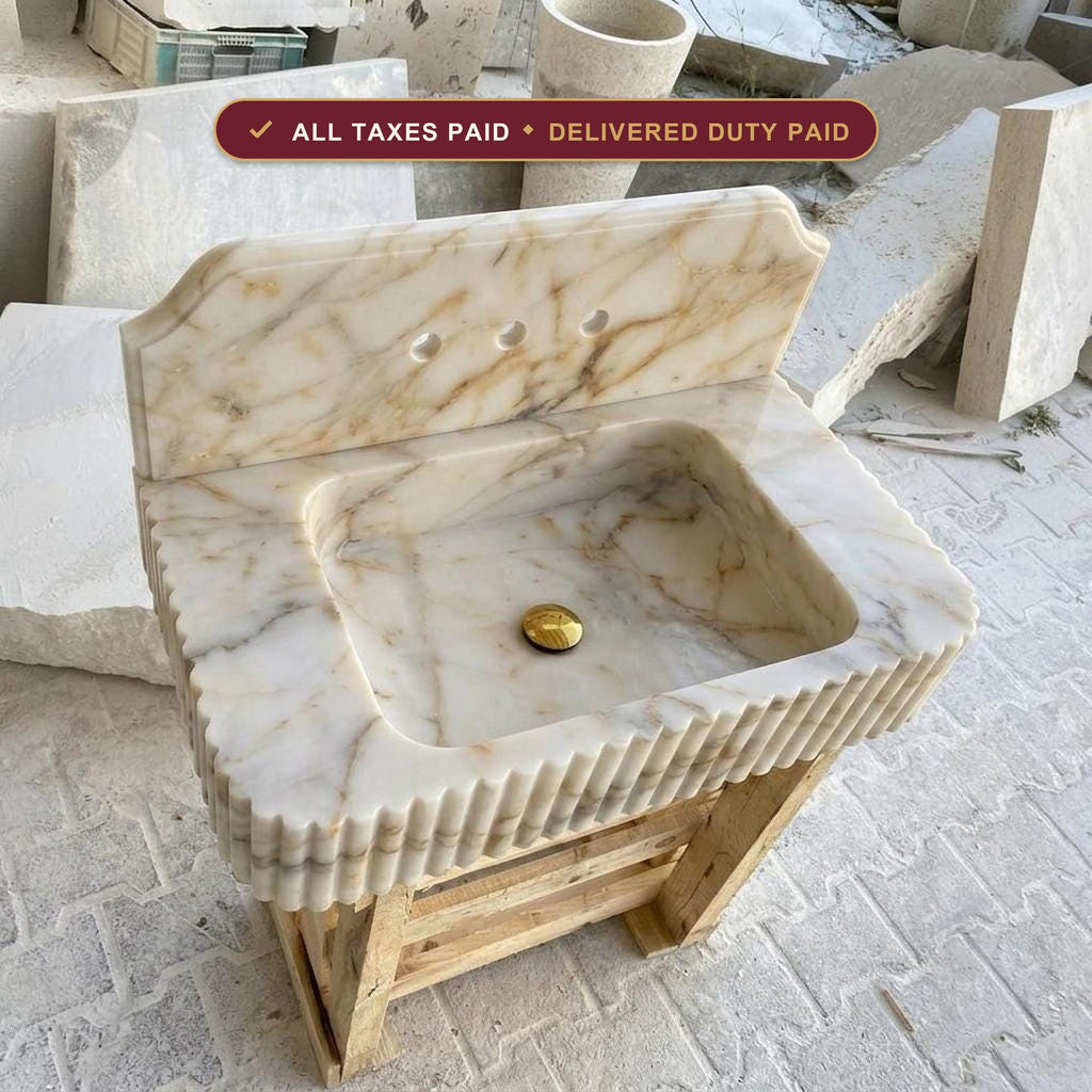 Handcarved Calacatta Gold marble floating vanity sink by Marblyart, custom made to order — photo 1 of 16