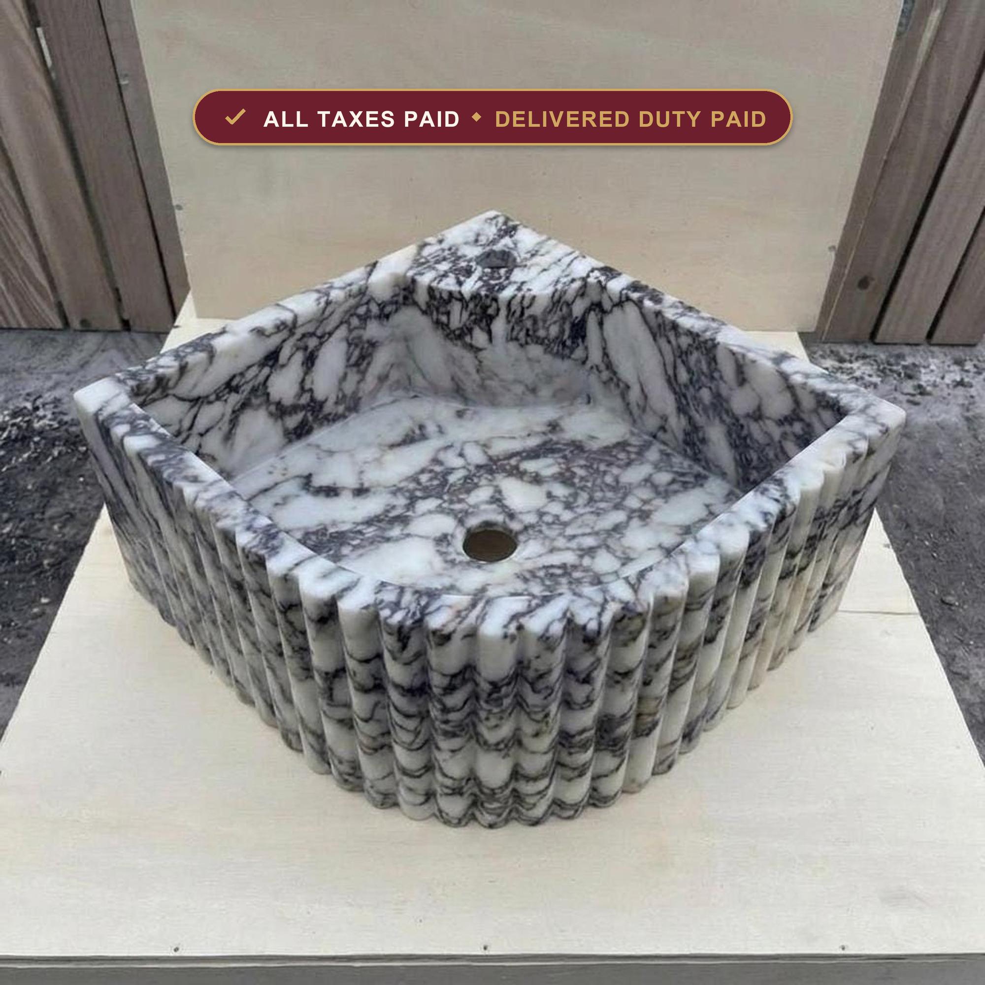 Handcarved Calacatta Viola marble fluted vessel sink by Marblyart, custom made to order — photo 1 of 16
