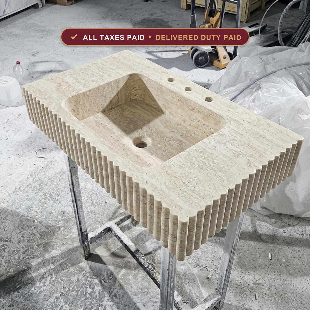 Handcarved beige travertine marble floating vanity sink by Marblyart, custom made to order — photo 1 of 10