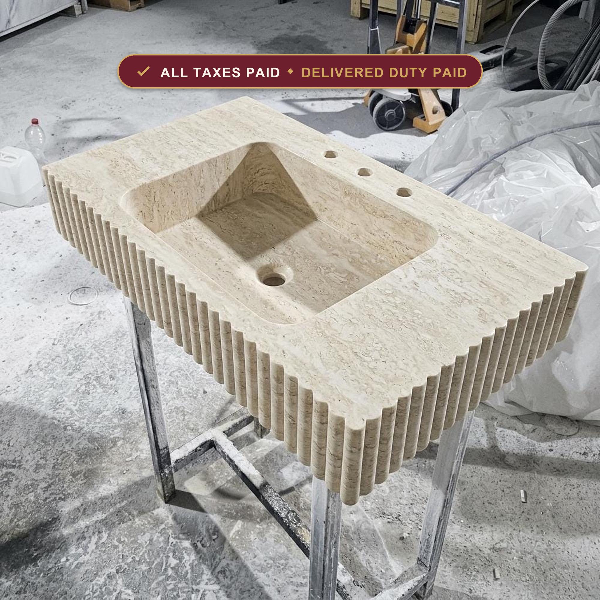 Handcarved beige travertine marble floating vanity sink by Marblyart, custom made to order — photo 1 of 10