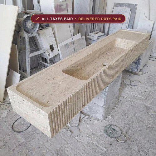Handcarved beige travertine marble long trough sink by Marblyart, custom made to order — photo 1 of 14