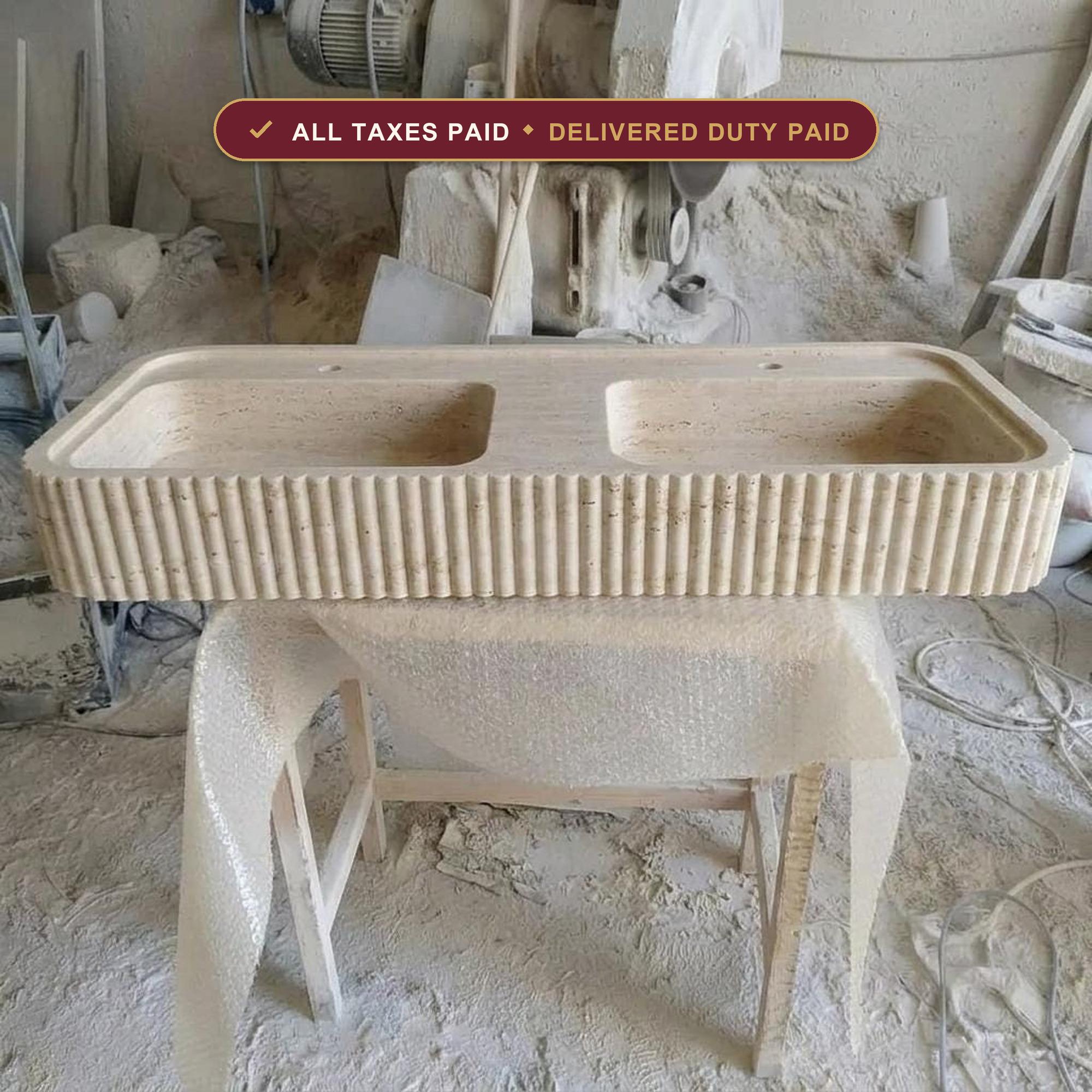Handcarved beige travertine marble double basin sink by Marblyart, custom made to order — photo 1 of 12