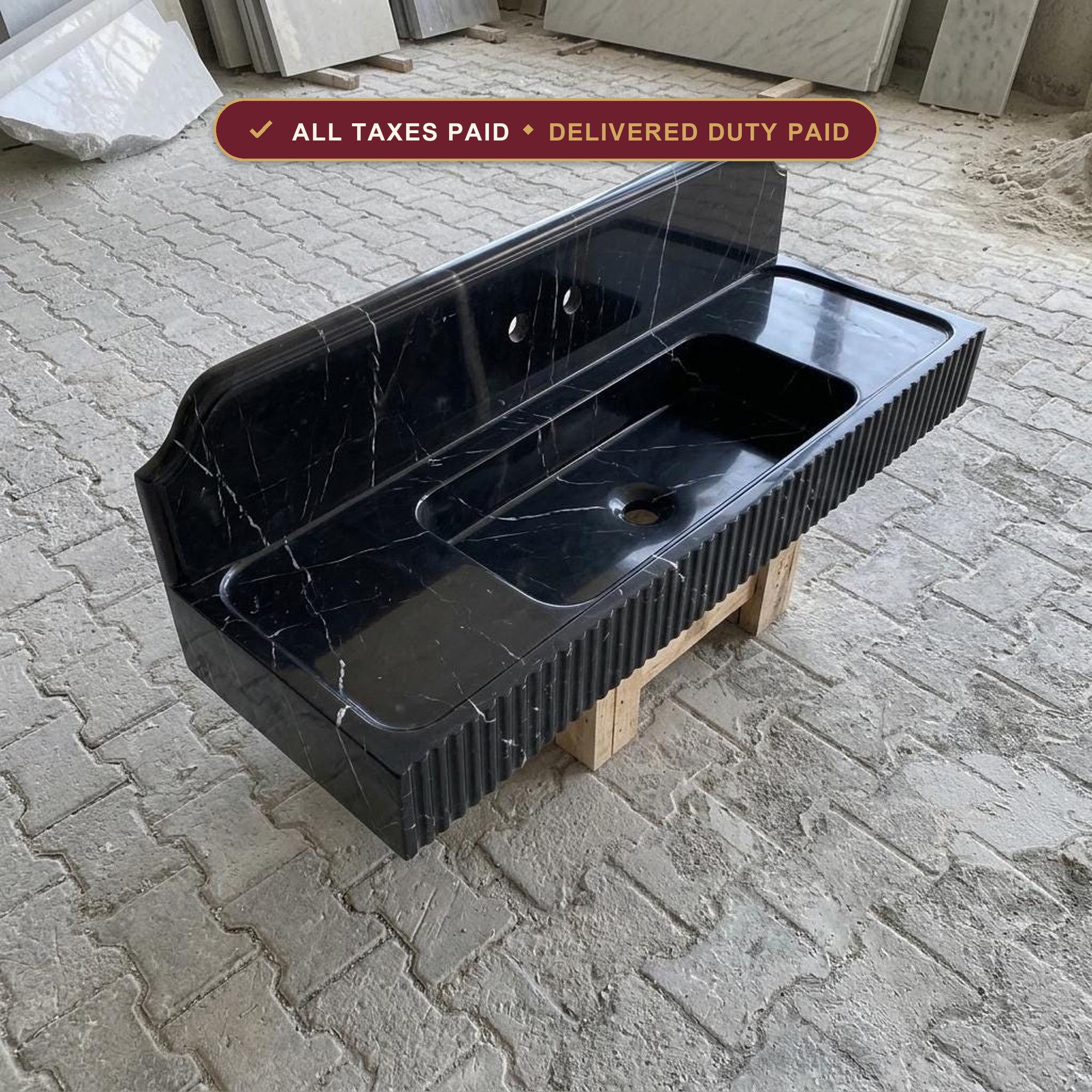 Handcarved Nero Marquina marble floating vanity sink by Marblyart, custom made to order — photo 1 of 12