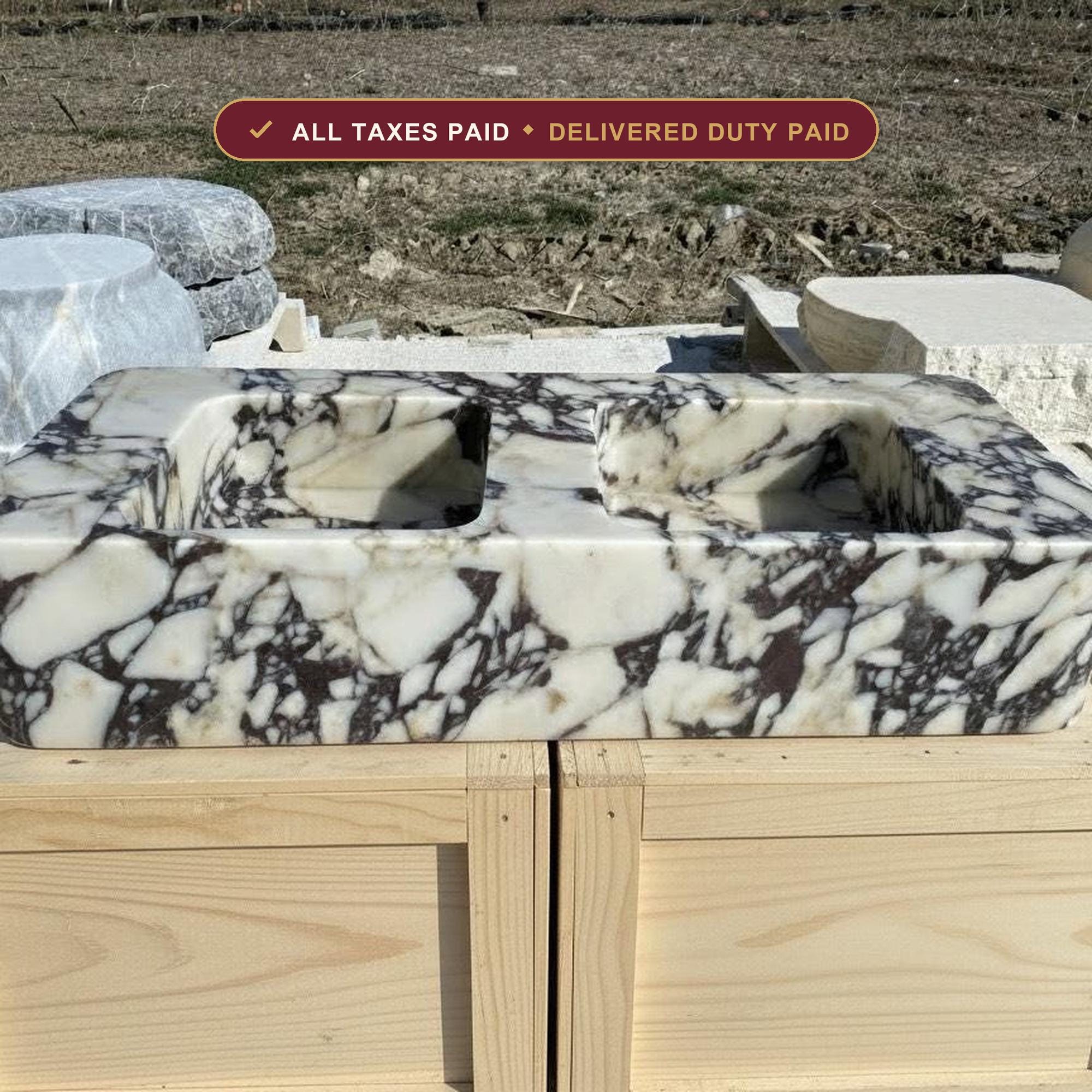 Handcarved Calacatta Viola marble double basin sink by Marblyart, custom made to order — photo 1 of 12