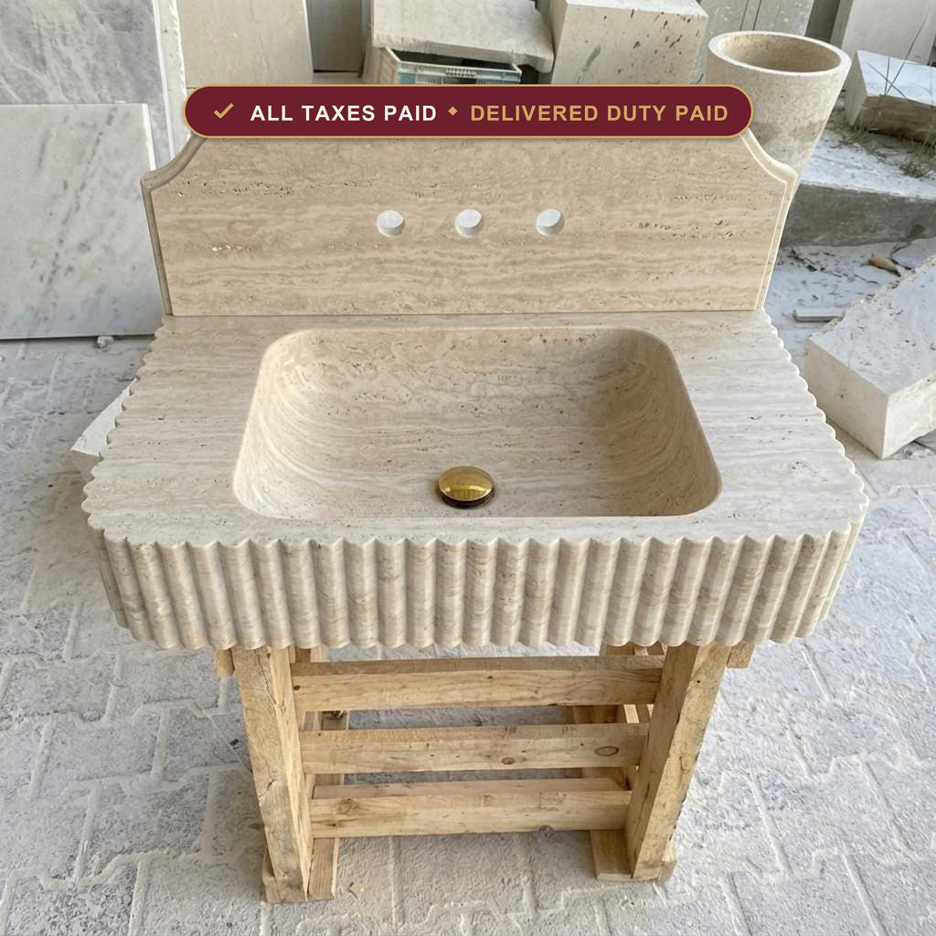 Handcarved beige travertine marble floating vanity sink by Marblyart, custom made to order — photo 1 of 14