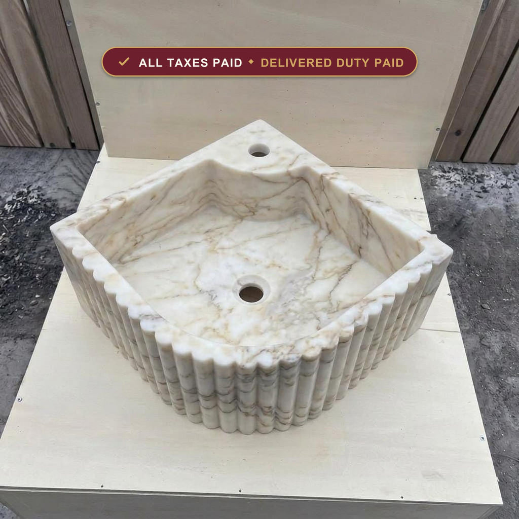 Handcarved Calacatta Gold marble fluted vessel sink by Marblyart, custom made to order — photo 1 of 17