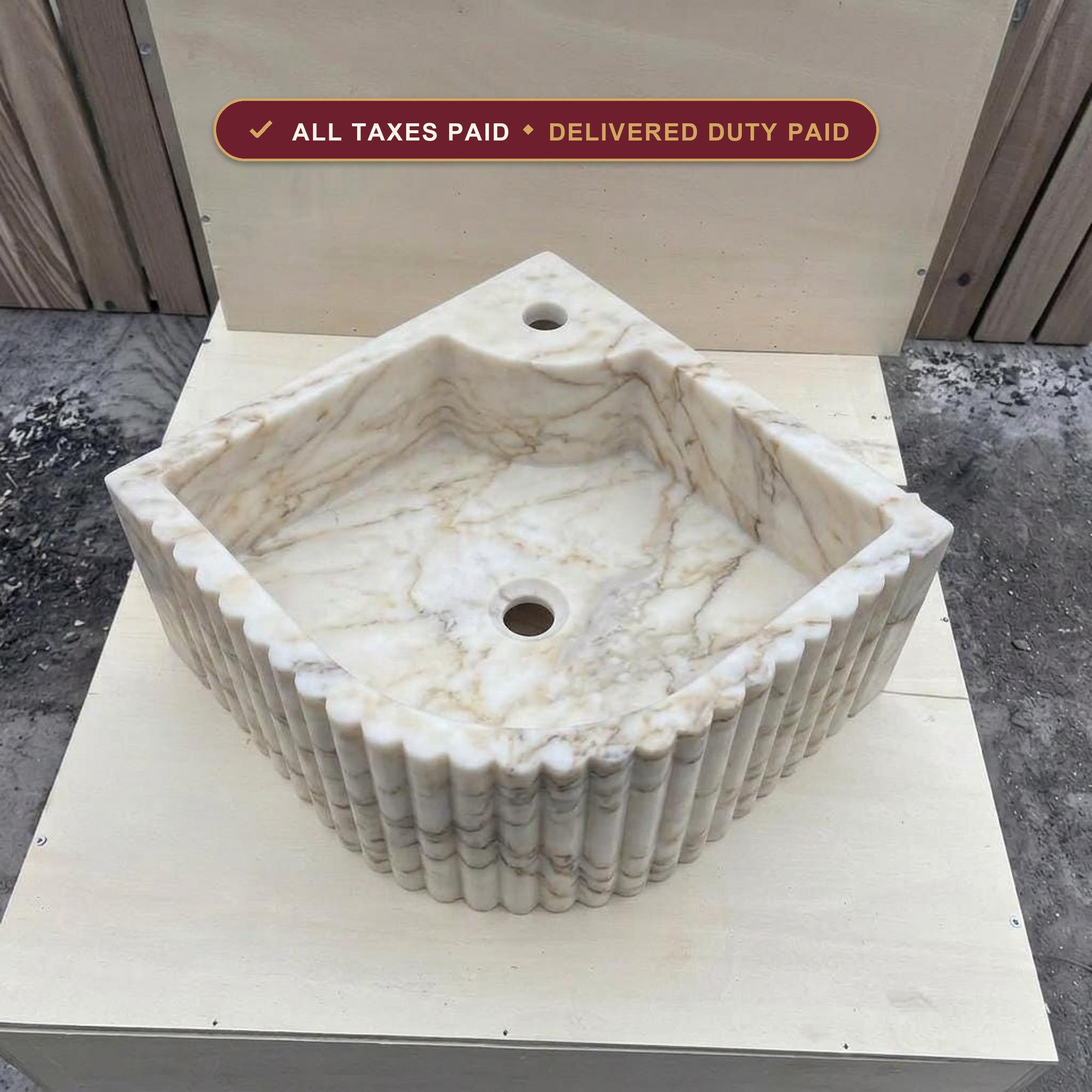 Handcarved Calacatta Gold marble fluted vessel sink by Marblyart, custom made to order — photo 1 of 17