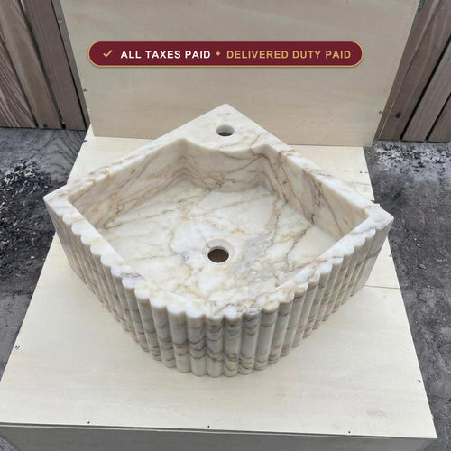 Handcarved Calacatta Gold marble fluted vessel sink by Marblyart, custom made to order — photo 1 of 17