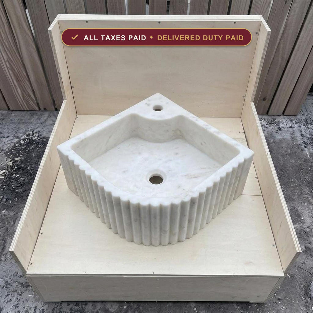 Handcarved Carrara marble fluted vessel sink by Marblyart, custom made to order — photo 1 of 13