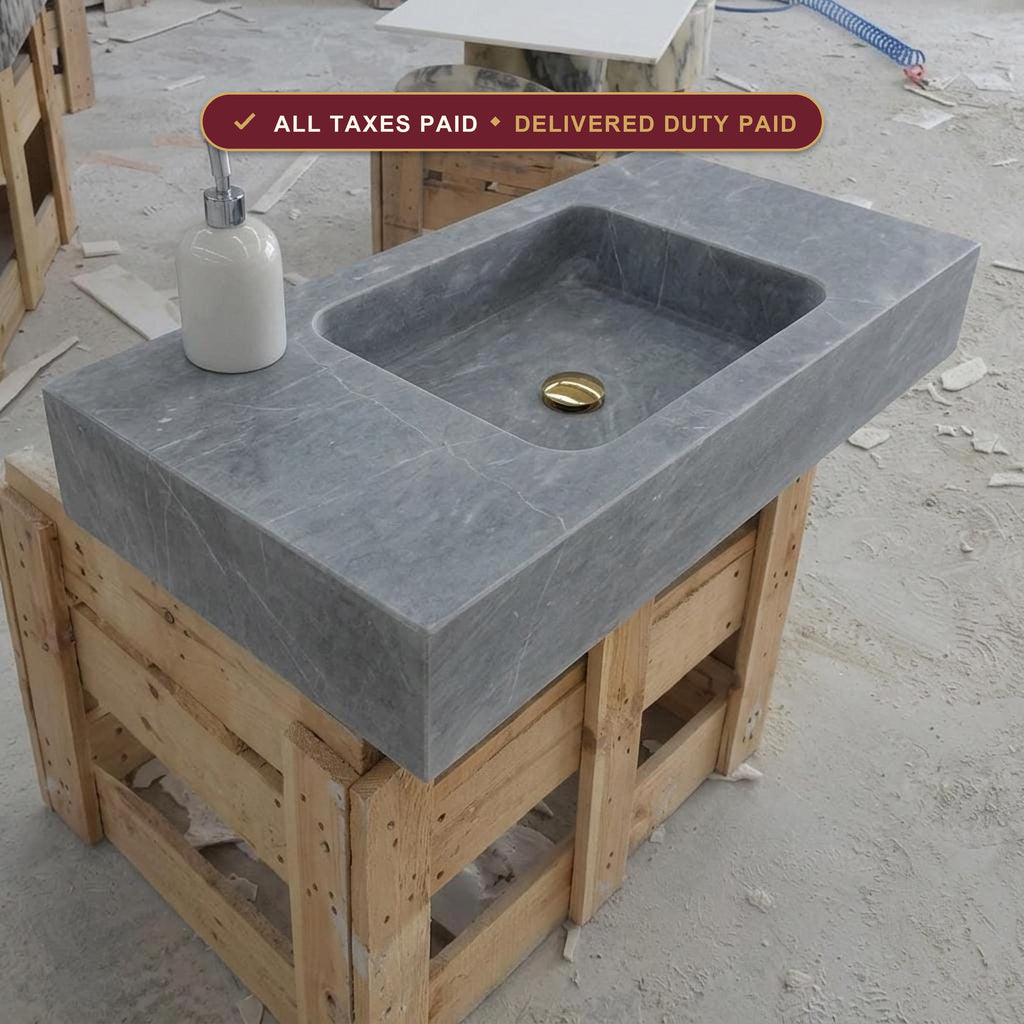Handcarved Thundra Gray marble square vessel sink by Marblyart, custom made to order — photo 1 of 13