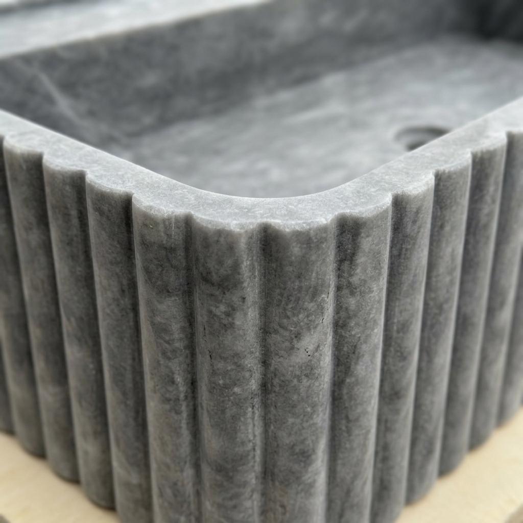 Thundra Gray Marble square vessel sink — close-up of marble veining (photo 14)