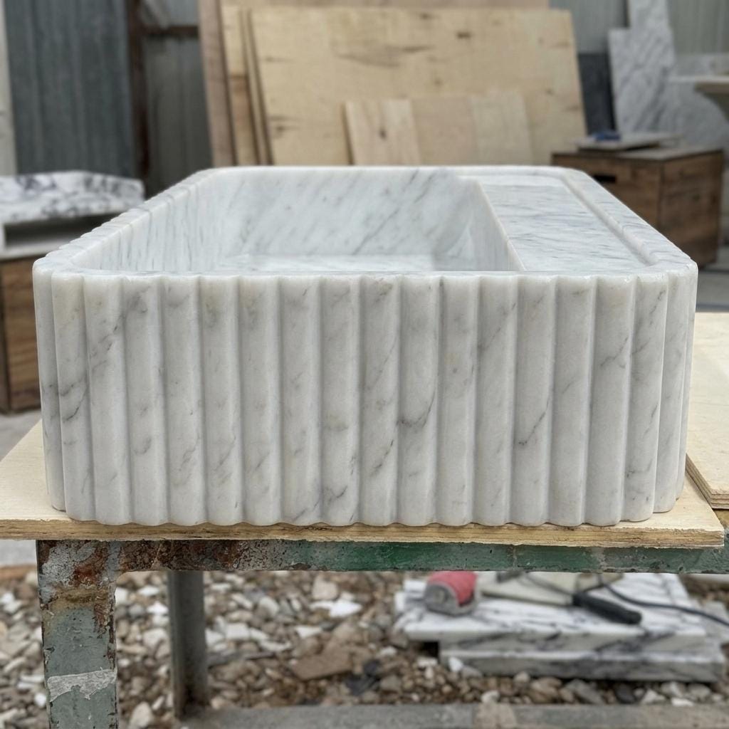 Carrara White Marble square vessel sink — right side view (photo 4)