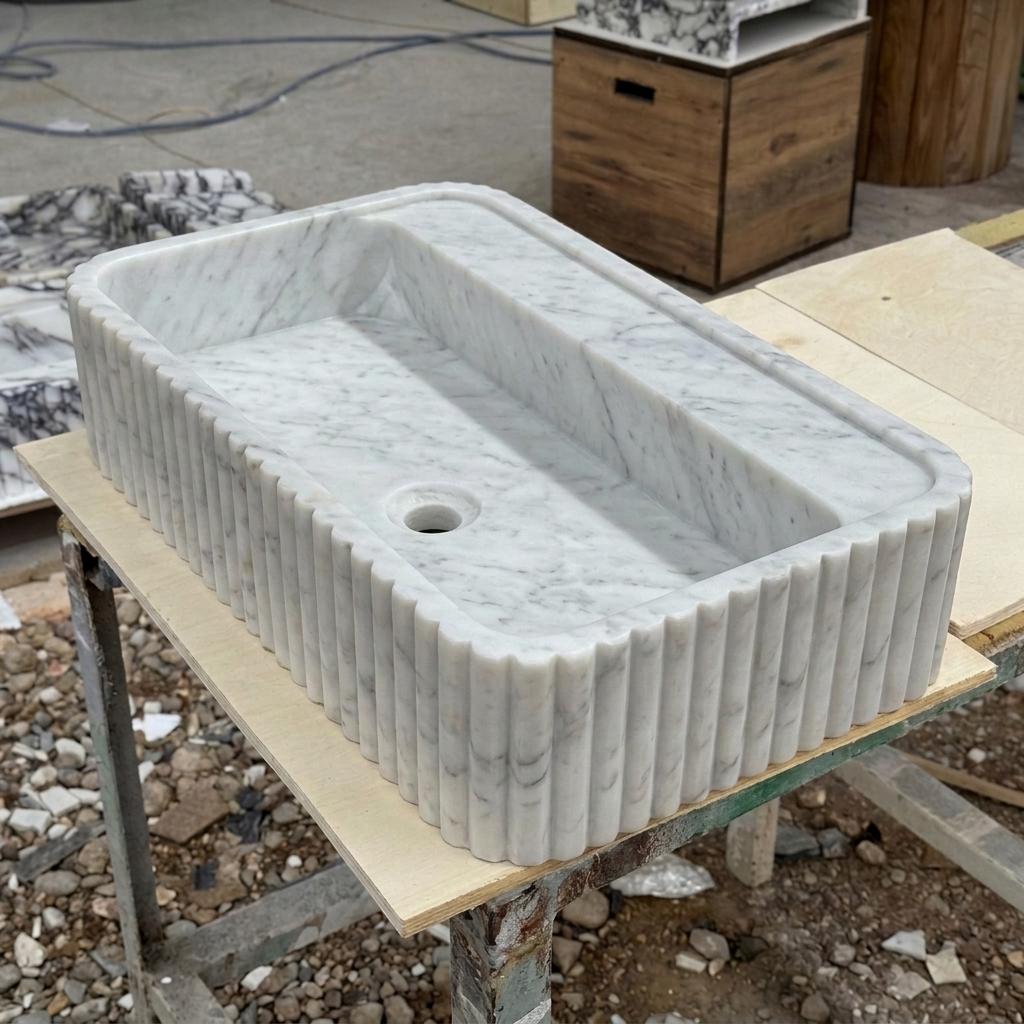 Carrara White Marble square vessel sink — high-angle view (photo 12)