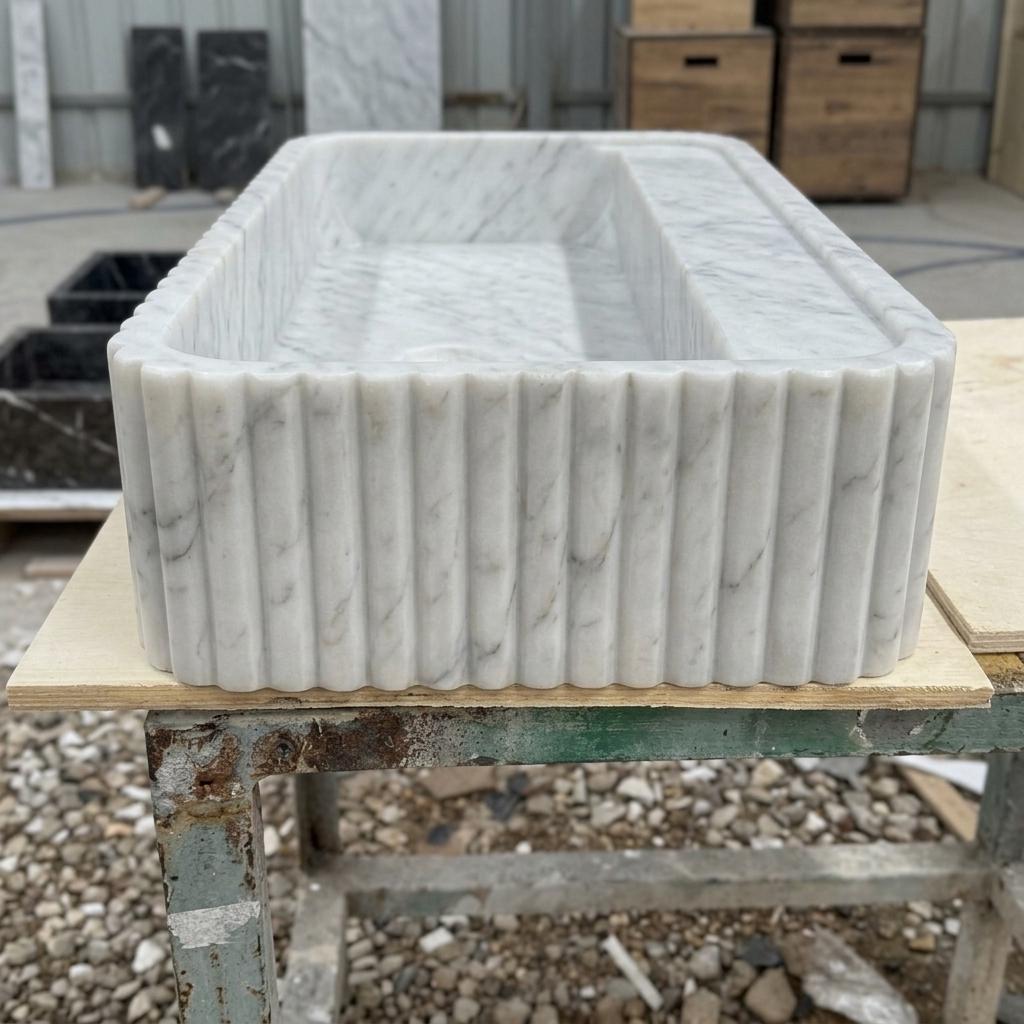 Carrara White Marble square vessel sink — front view (photo 13)