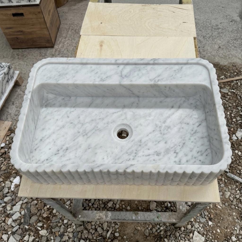 Carrara White Marble square vessel sink — bird's eye view (photo 19)