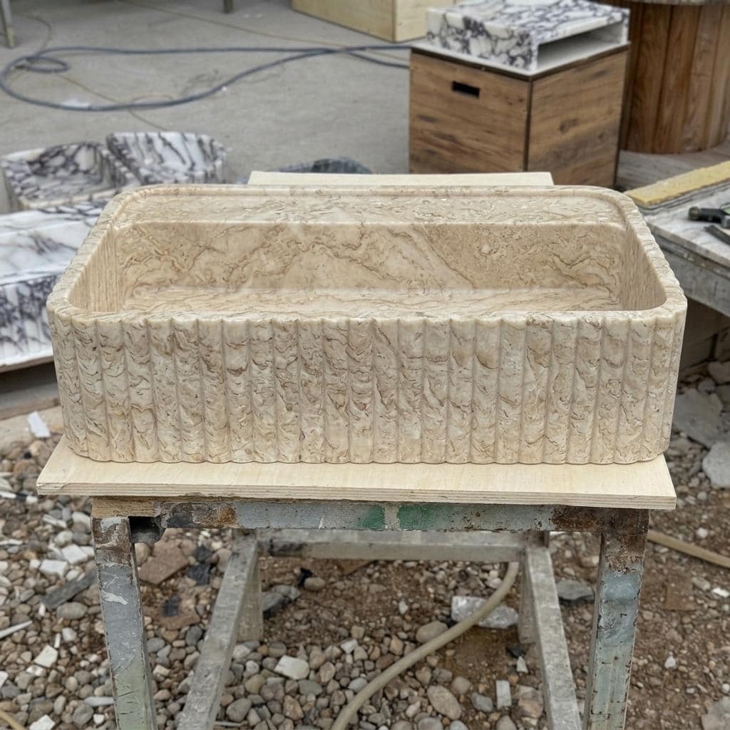 Beige Travertine square vessel sink — front view (photo 2)
