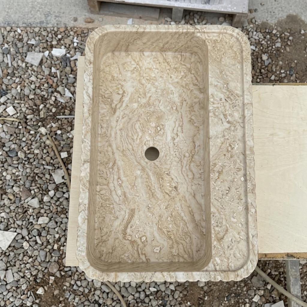 Beige Travertine square vessel sink — top-down view (photo 5)