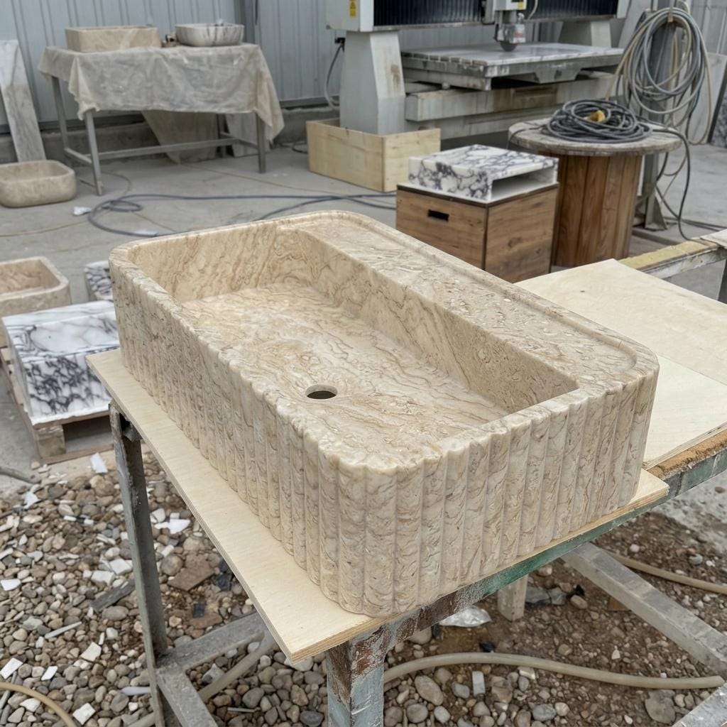 Beige Travertine square vessel sink — full wide shot (photo 16)